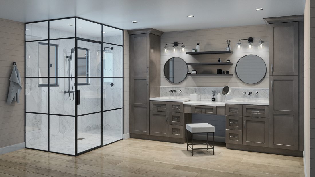 Charcoal bathroom cabinetry with a black-framed shower