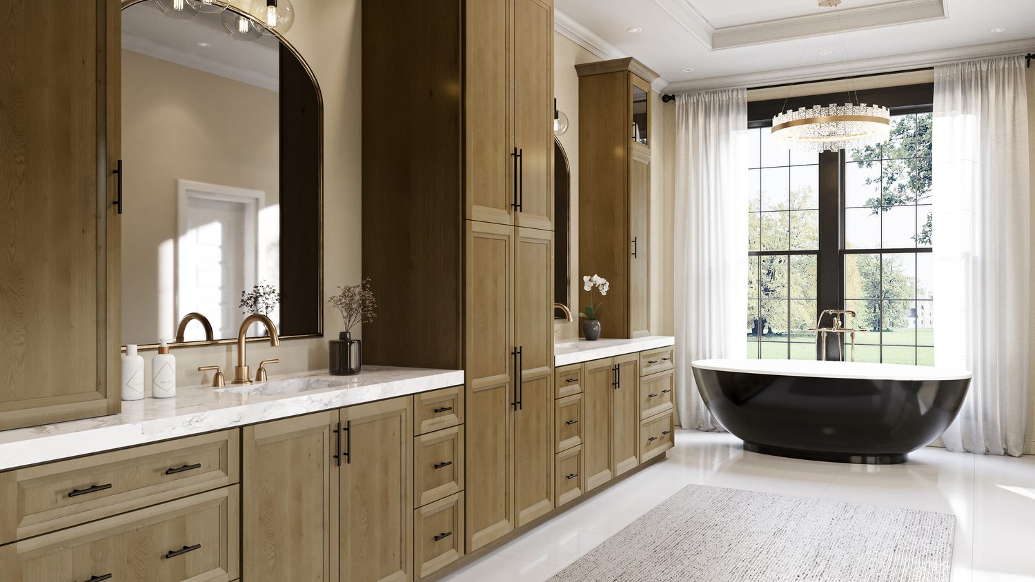 Stained oak primary bath with full-height cabinetry