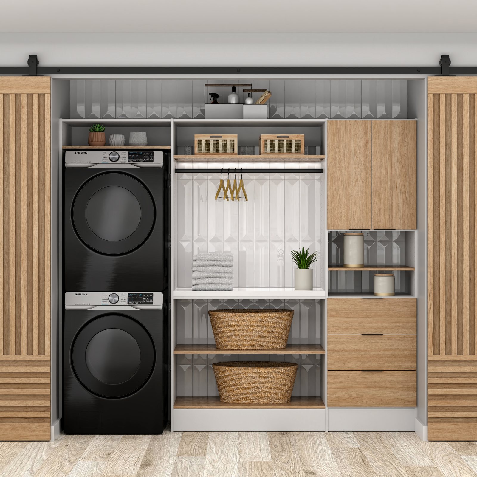 Sauder Closets laundry and storage system in Ashton Oak and Glacier White