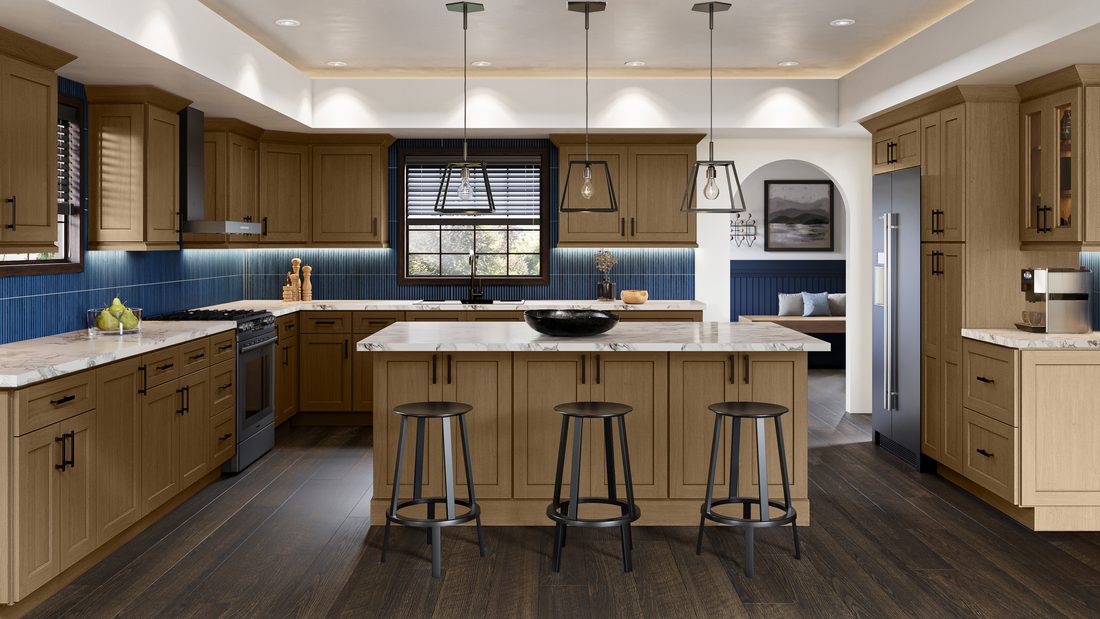 Honey oak kitchen with a navy backsplash