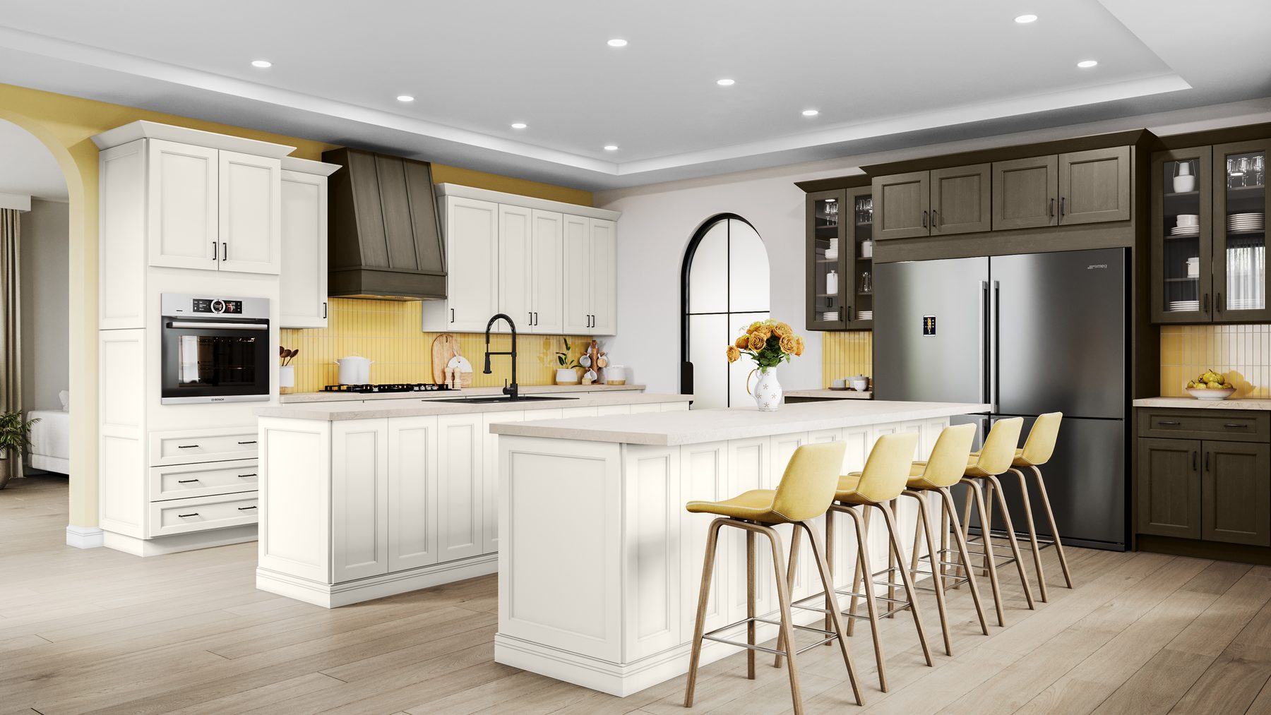 Bright white kitchen with a seated island
