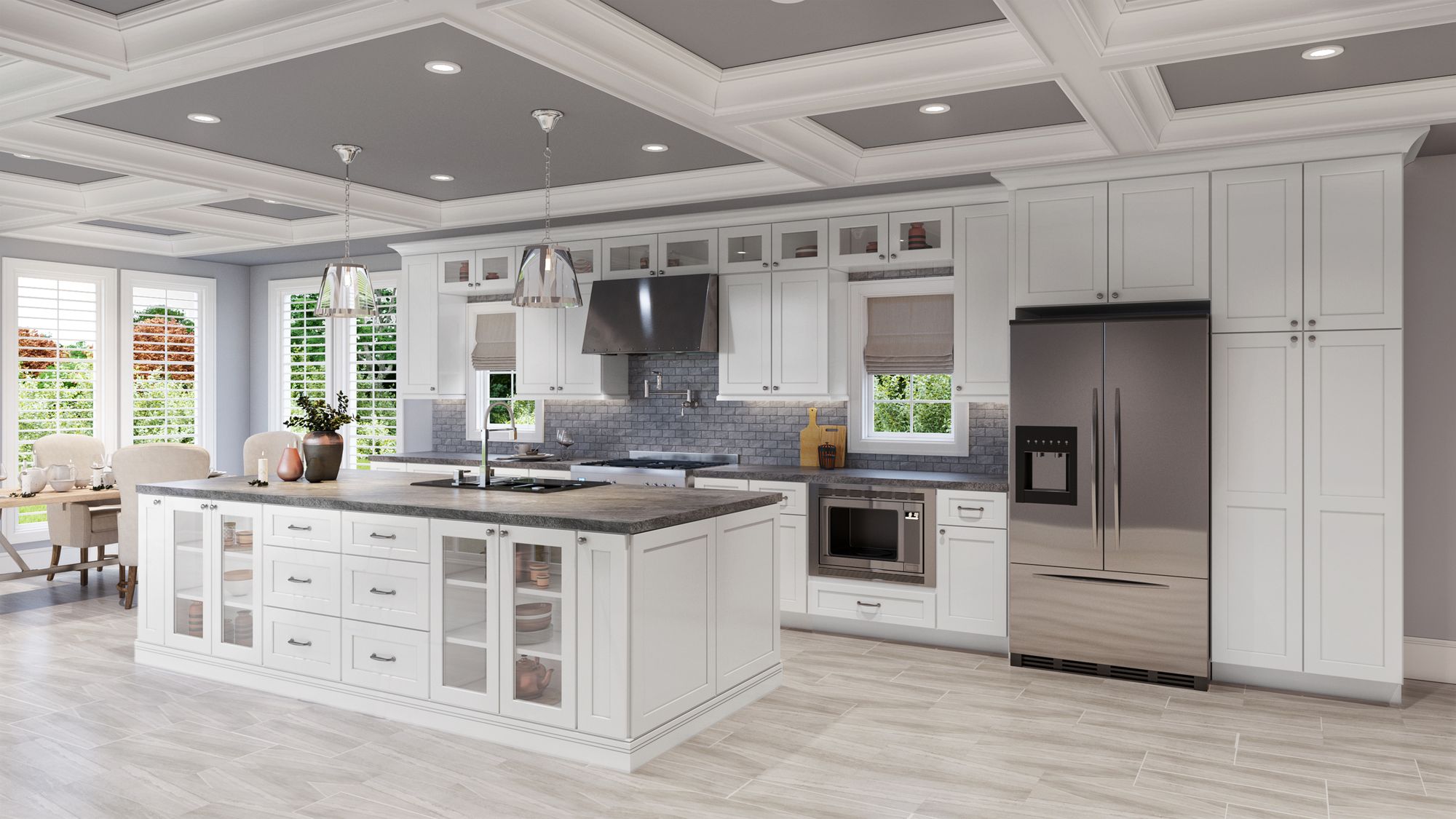 Traditional white kitchen under a coffered ceiling